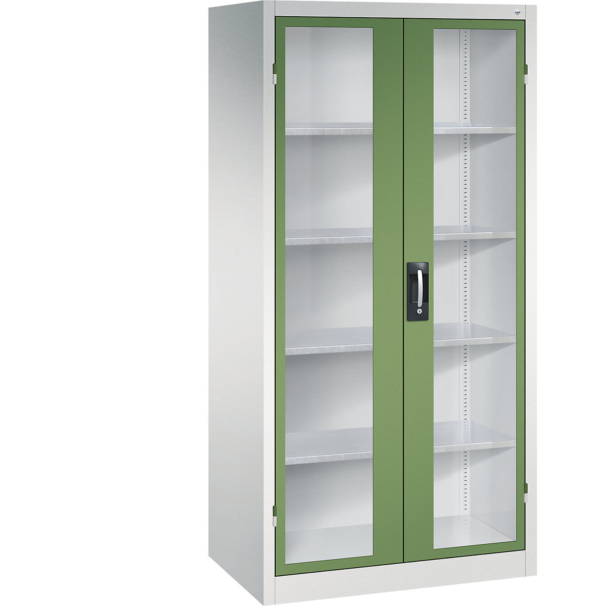 Vision panel double door cupboard, HxWxD 1950 x 930 x 600 mm, 4 shelves, light grey / reseda green.