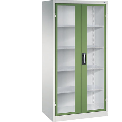 Vision panel double door cupboard, HxWxD 1950 x 930 x 600 mm, 4 shelves, light grey / reseda green.