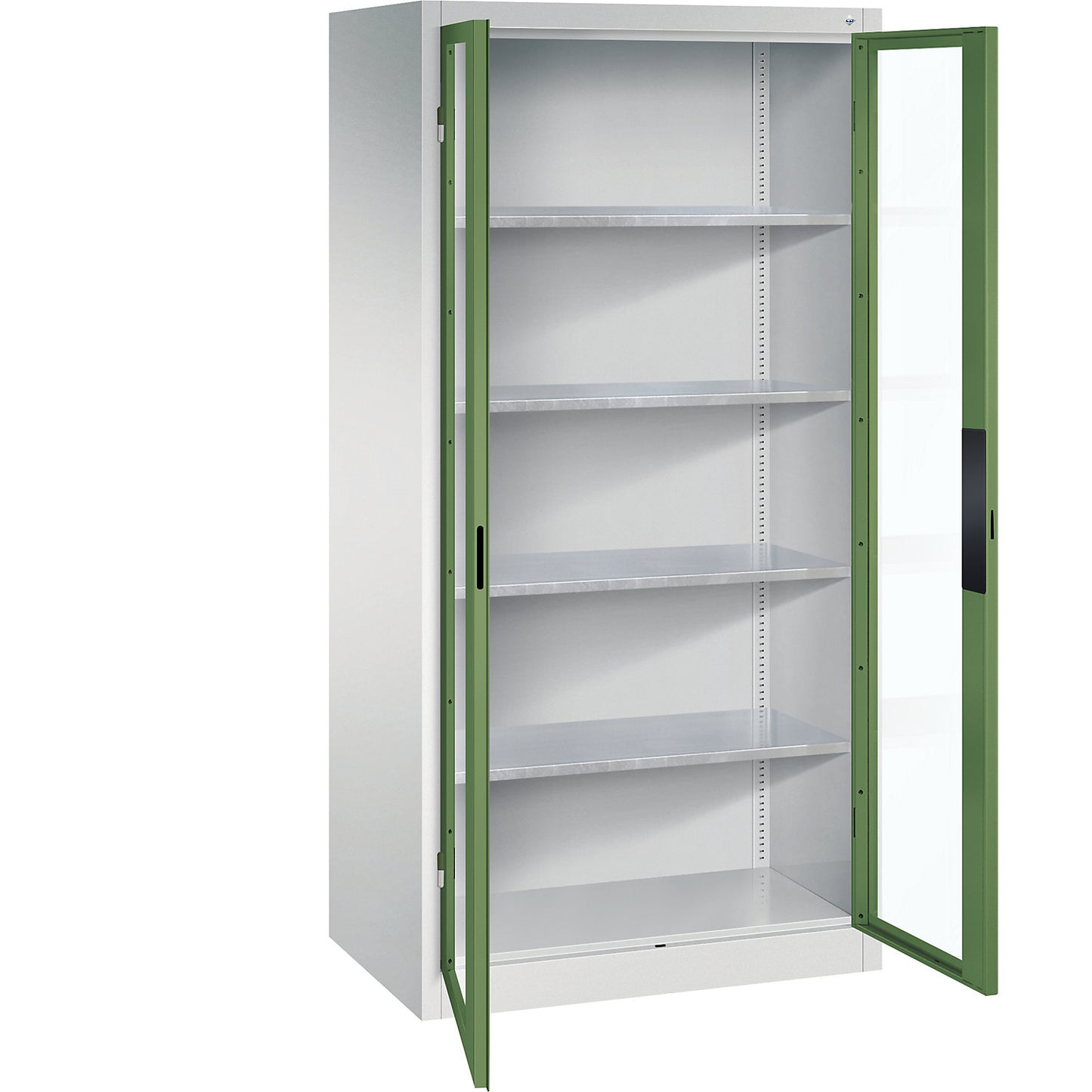 Vision panel double door cupboard, HxWxD 1950 x 930 x 600 mm, 4 shelves, light grey / reseda green.