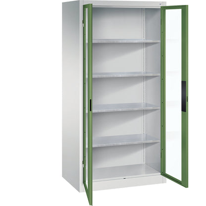Vision panel double door cupboard, HxWxD 1950 x 930 x 600 mm, 4 shelves, light grey / reseda green.