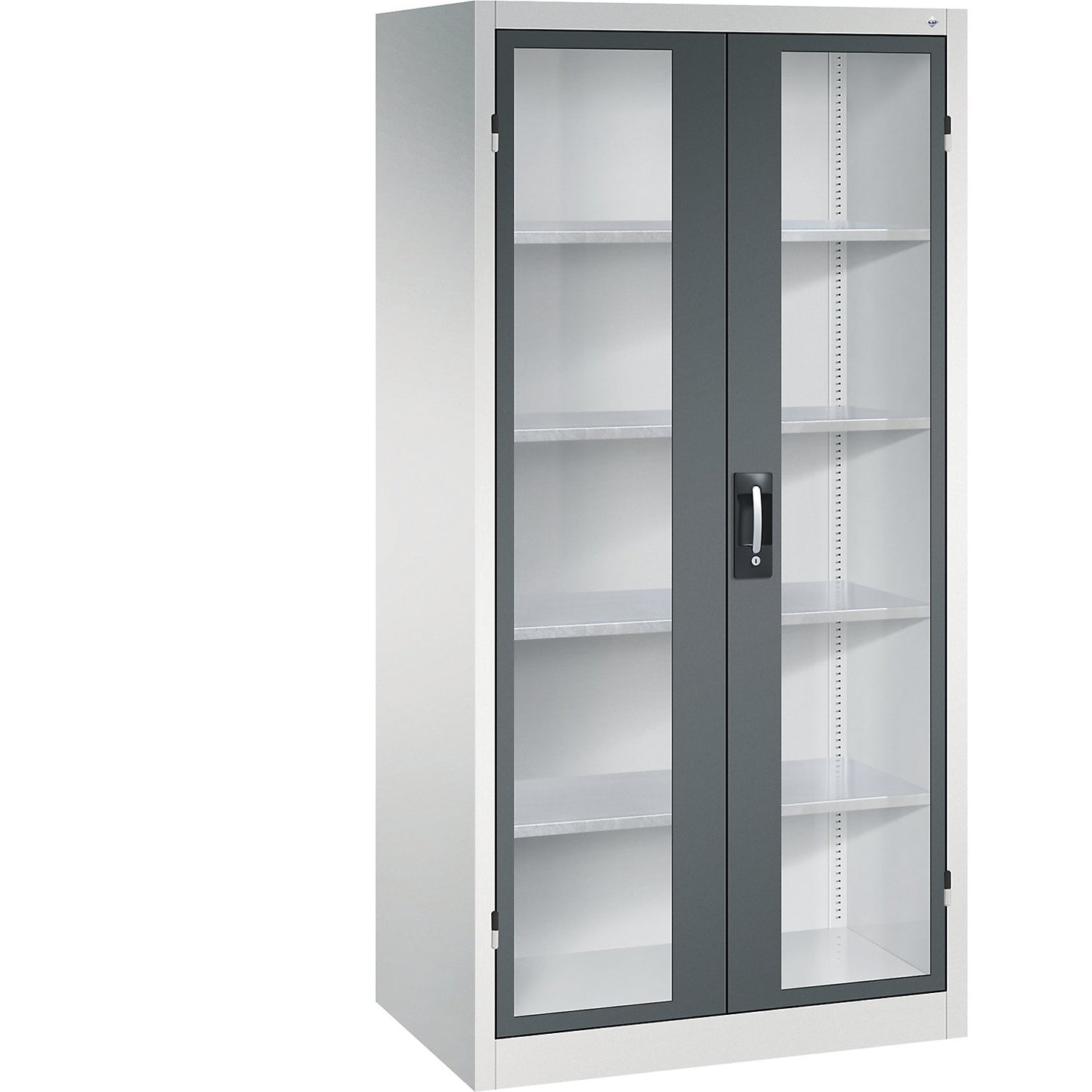 Vision panel double door cupboard, HxWxD 1950 x 930 x 600 mm, 4 shelves, light grey / charcoal.