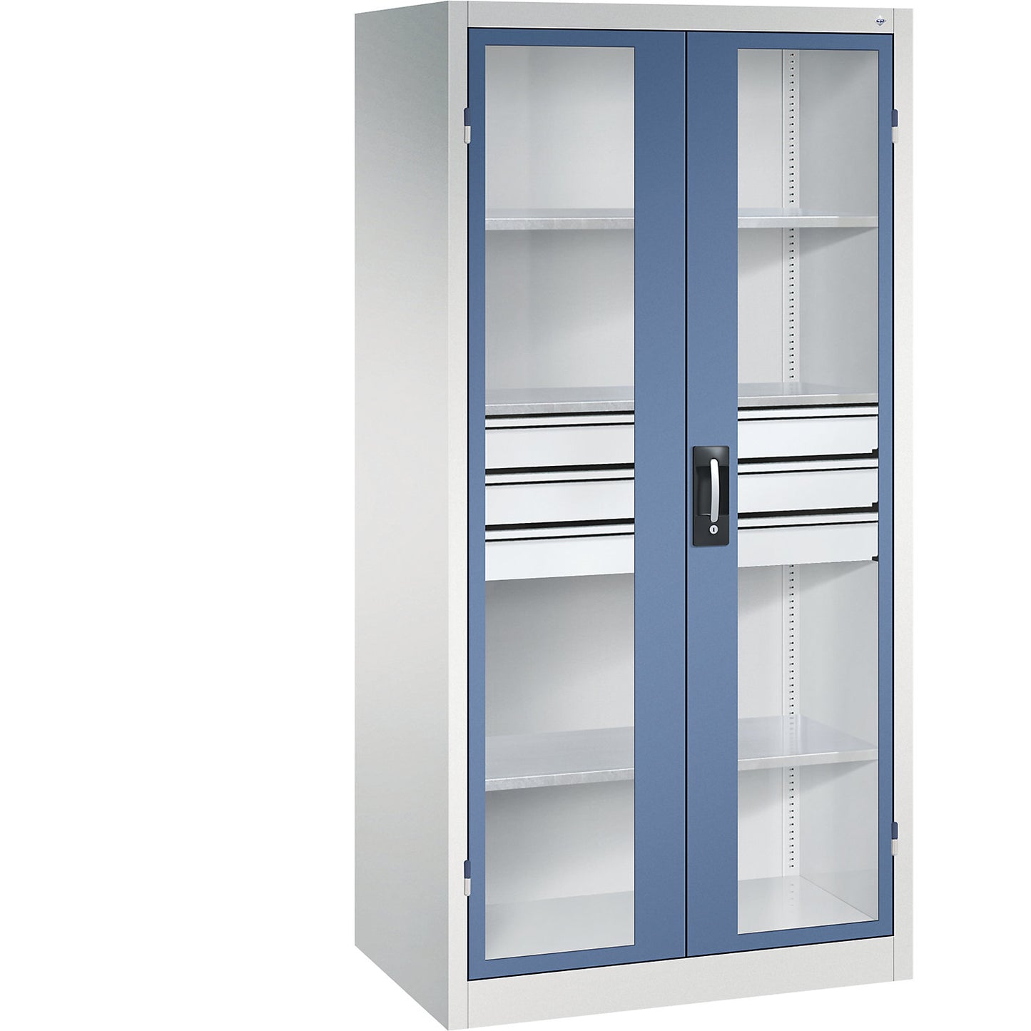 Vision panel double door cupboard, HxWxD 1950 x 930 x 600 mm, with 3 shelves, 3 drawers, light grey / distant blue.