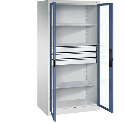 Vision panel double door cupboard, HxWxD 1950 x 930 x 600 mm, with 3 shelves, 3 drawers, light grey / distant blue.