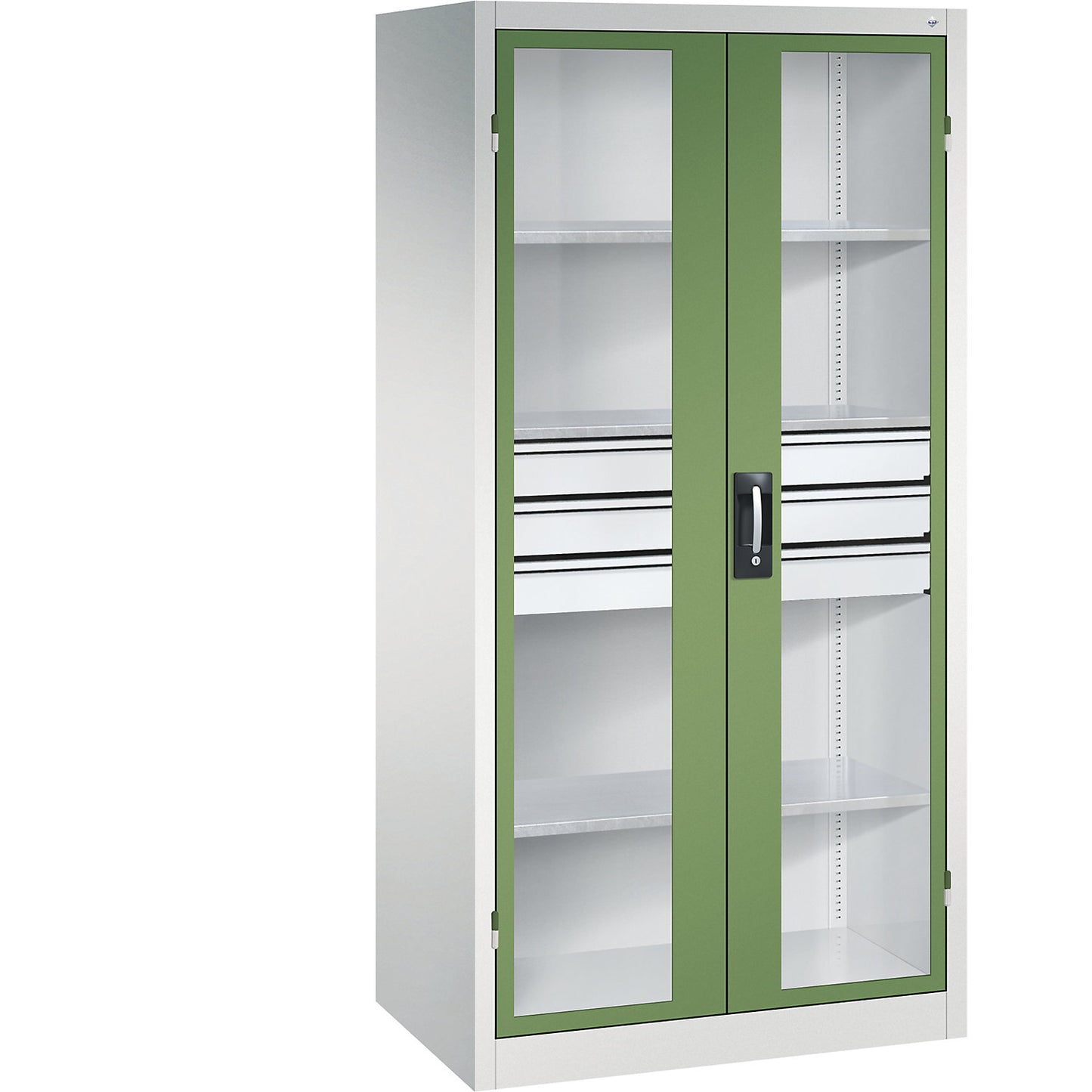 Vision panel double door cupboard, HxWxD 1950 x 930 x 600 mm, with 3 shelves, 3 drawers, light grey / reseda green.