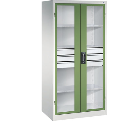 Vision panel double door cupboard, HxWxD 1950 x 930 x 600 mm, with 3 shelves, 3 drawers, light grey / reseda green.
