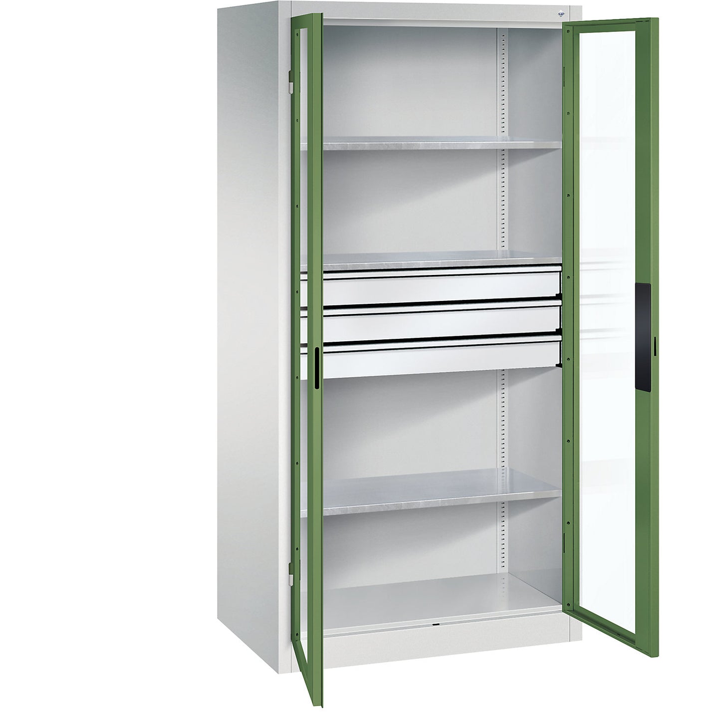 Vision panel double door cupboard, HxWxD 1950 x 930 x 600 mm, with 3 shelves, 3 drawers, light grey / reseda green.