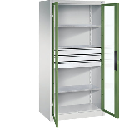 Vision panel double door cupboard, HxWxD 1950 x 930 x 600 mm, with 3 shelves, 3 drawers, light grey / reseda green.