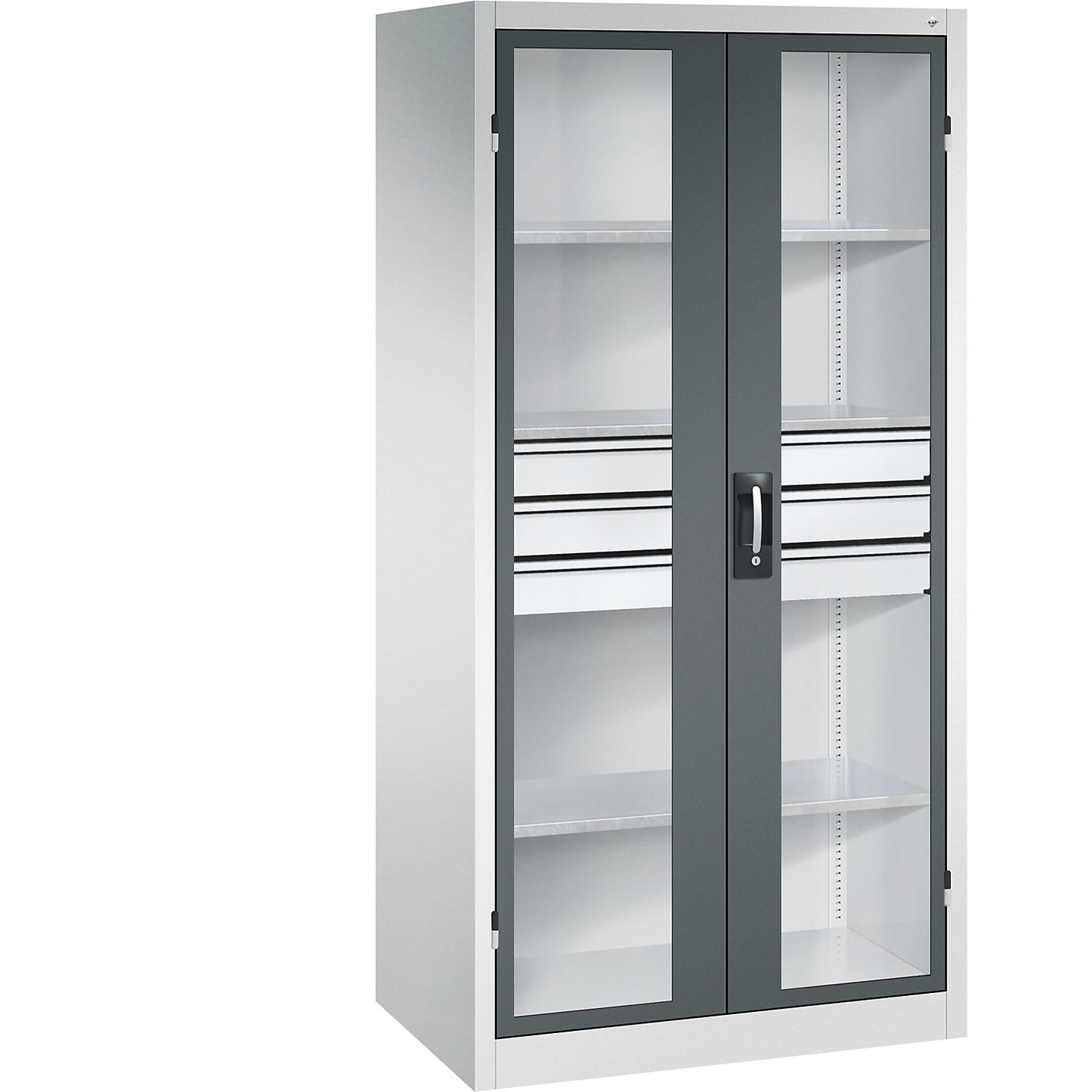 Vision panel double door cupboard, HxWxD 1950 x 930 x 600 mm, with 3 shelves, 3 drawers, light grey / charcoal.