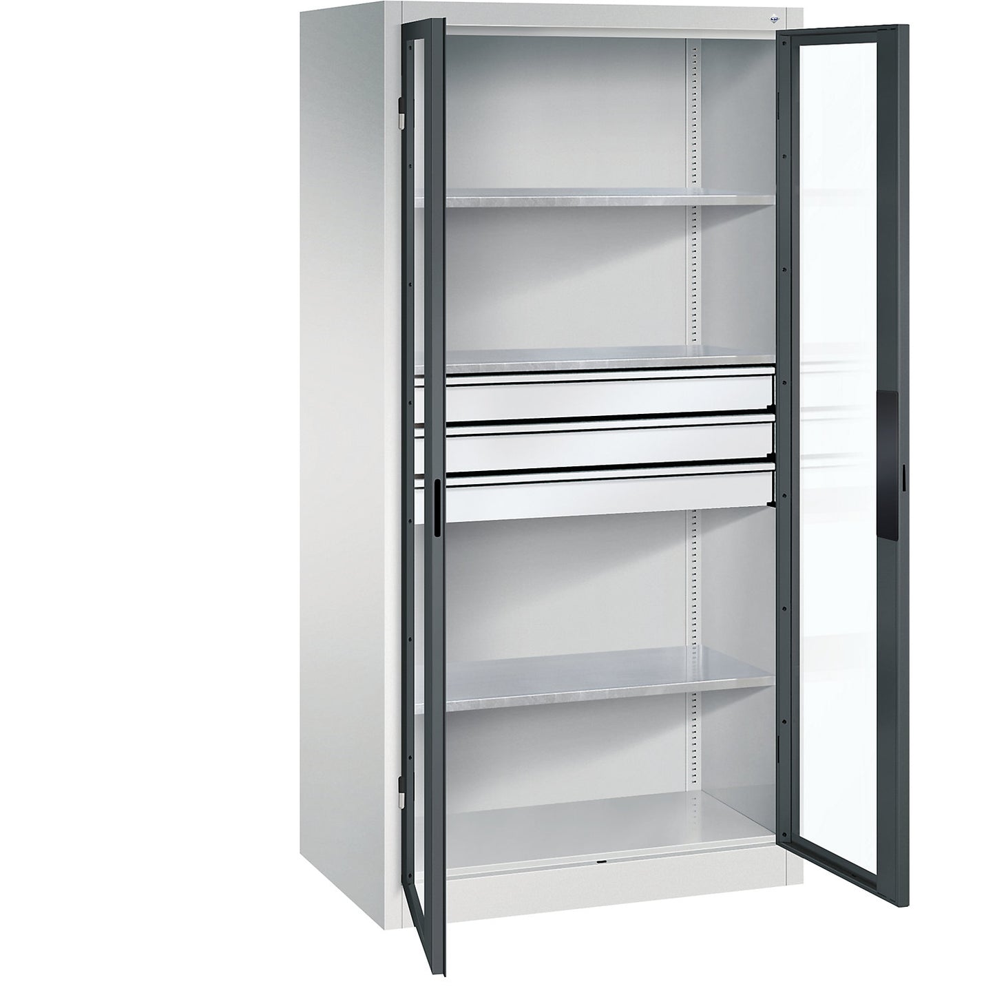 Vision panel double door cupboard, HxWxD 1950 x 930 x 600 mm, with 3 shelves, 3 drawers, light grey / charcoal.