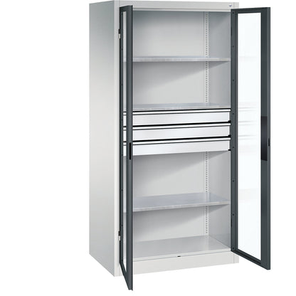 Vision panel double door cupboard, HxWxD 1950 x 930 x 600 mm, with 3 shelves, 3 drawers, light grey / charcoal.