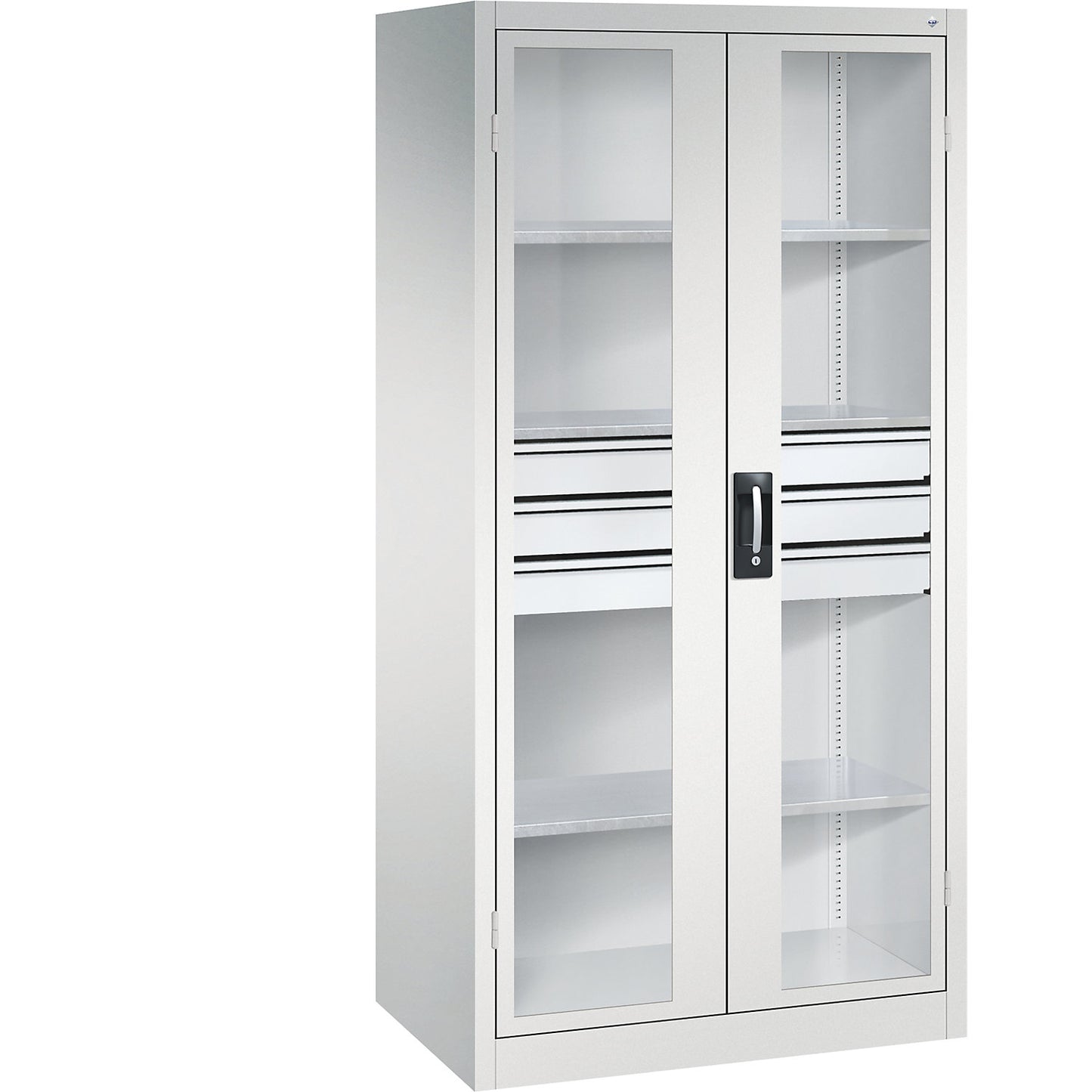 Vision panel double door cupboard, HxWxD 1950 x 930 x 600 mm, with 3 shelves, 3 drawers, light grey / light grey.