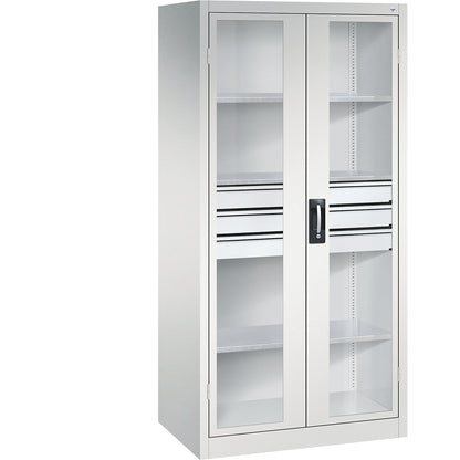 Vision panel double door cupboard, HxWxD 1950 x 930 x 600 mm, with 3 shelves, 3 drawers, light grey / light grey.