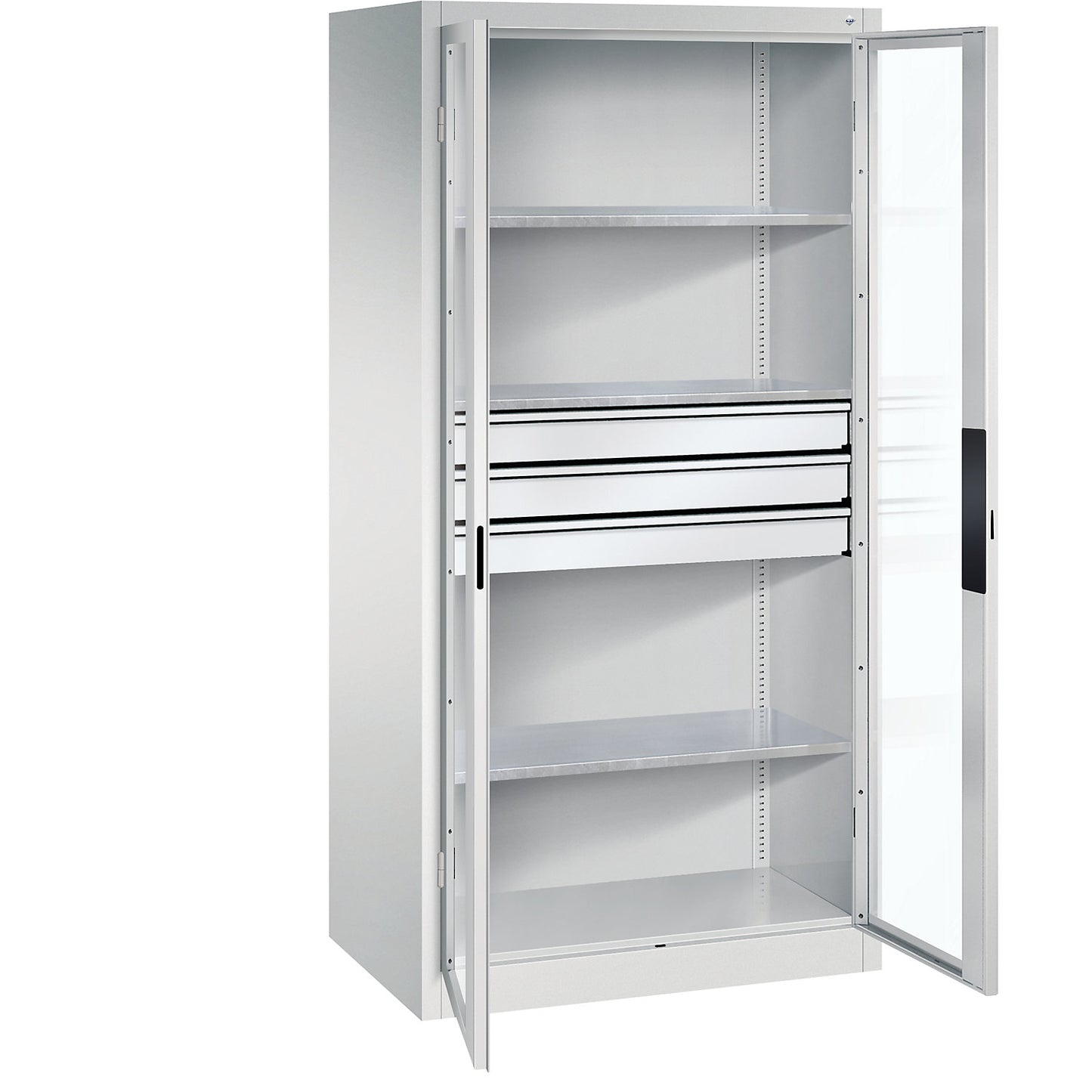 Vision panel double door cupboard, HxWxD 1950 x 930 x 600 mm, with 3 shelves, 3 drawers, light grey / light grey.