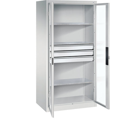 Vision panel double door cupboard, HxWxD 1950 x 930 x 600 mm, with 3 shelves, 3 drawers, light grey / light grey.