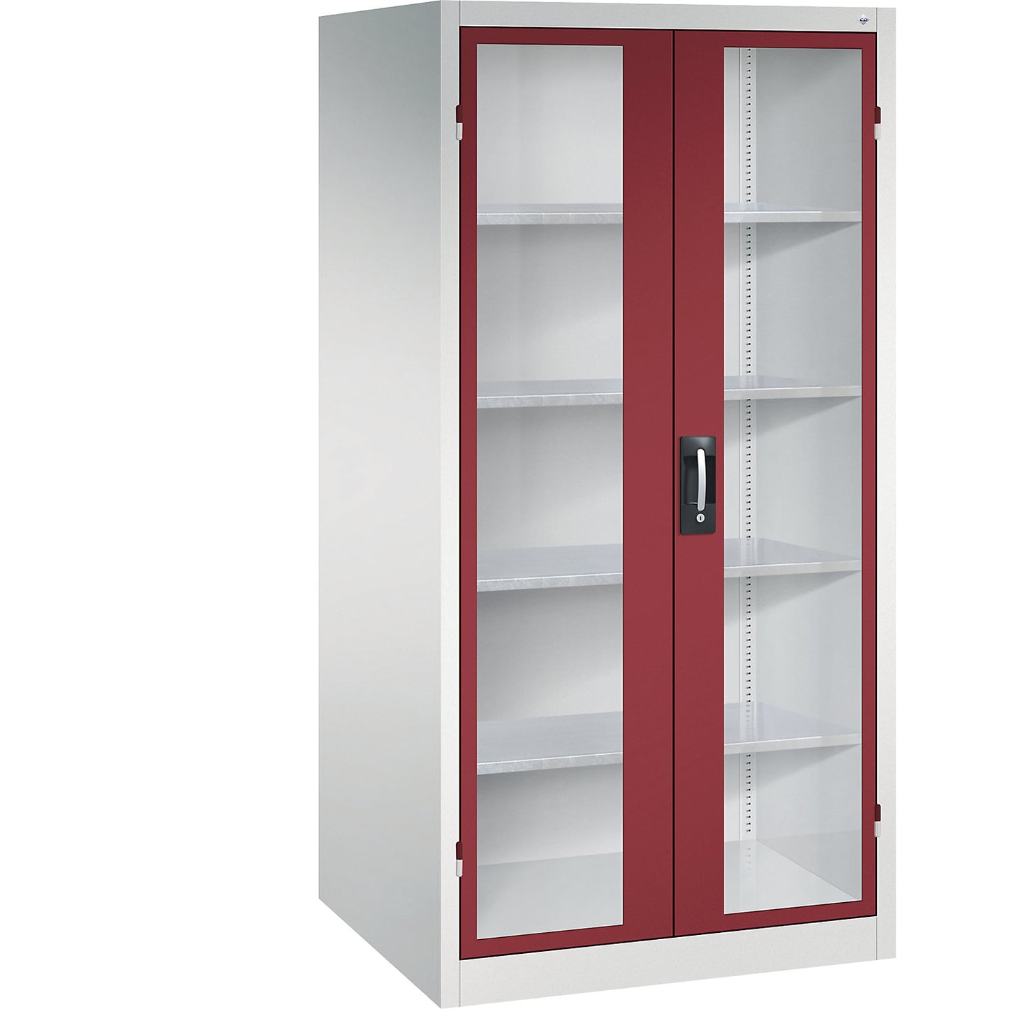 Vision panel double door cupboard, HxWxD 1950 x 930 x 800 mm, 4 shelves, light grey / ruby red.