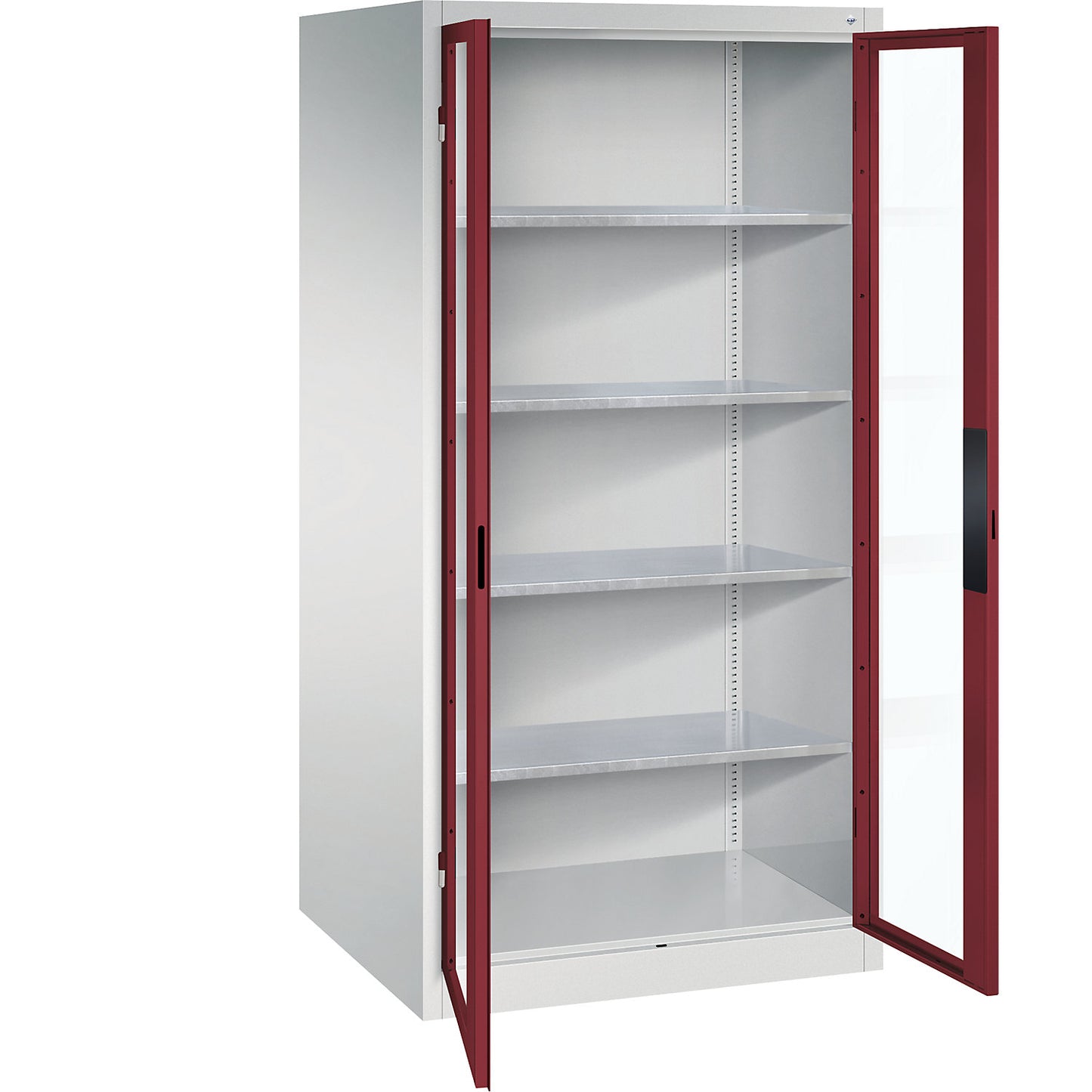 Vision panel double door cupboard, HxWxD 1950 x 930 x 800 mm, 4 shelves, light grey / ruby red.