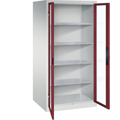 Vision panel double door cupboard, HxWxD 1950 x 930 x 800 mm, 4 shelves, light grey / ruby red.