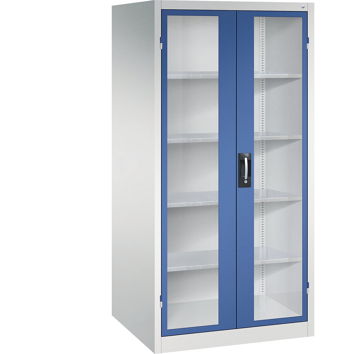 Vision panel double door cupboard, HxWxD 1950 x 930 x 800 mm, 4 shelves, light grey / gentian blue.