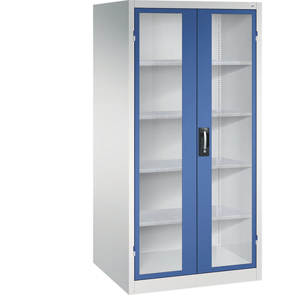 Vision panel double door cupboard, HxWxD 1950 x 930 x 800 mm, 4 shelves, light grey / gentian blue.
