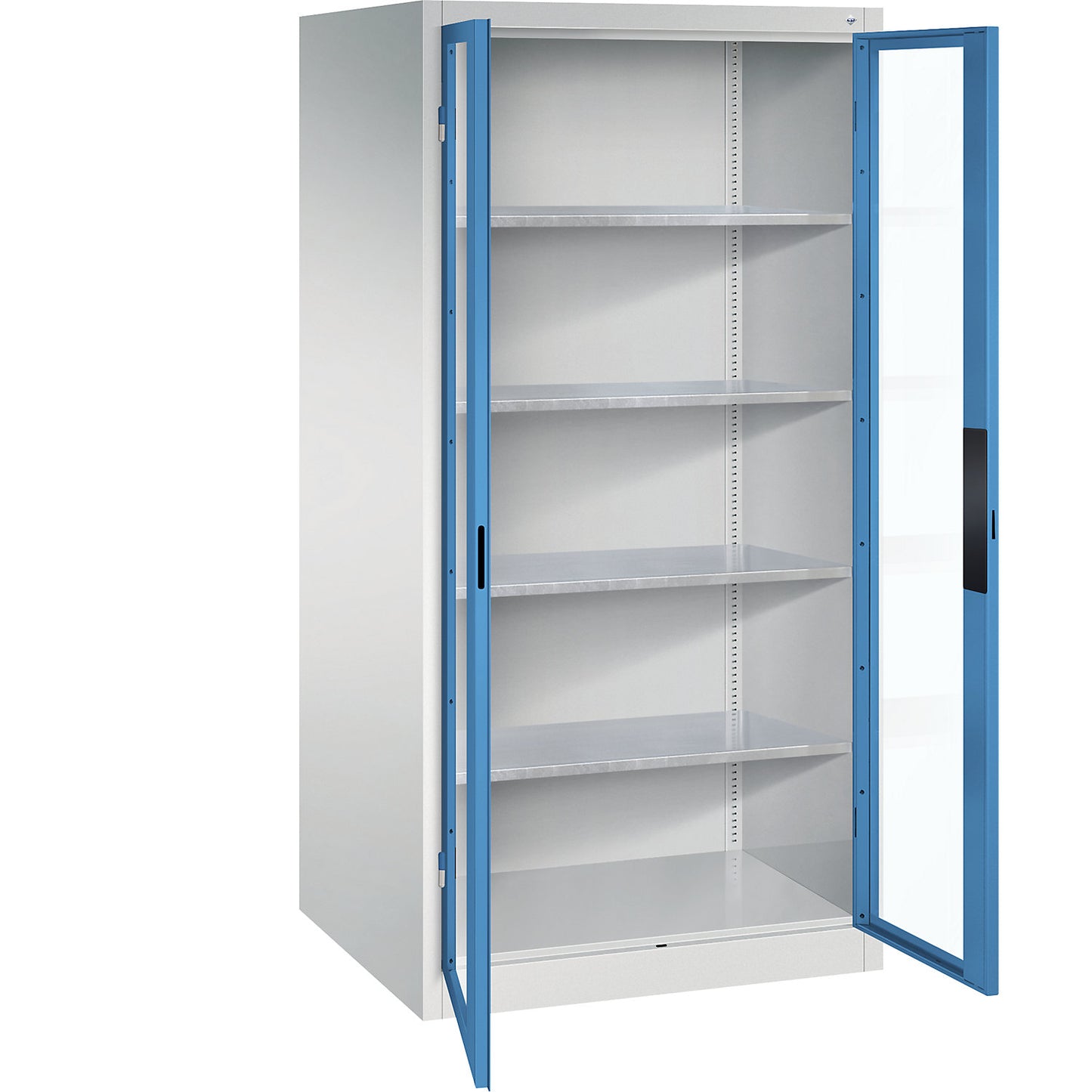 Vision panel double door cupboard, HxWxD 1950 x 930 x 800 mm, 4 shelves, light grey / light blue.