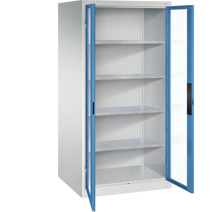 Vision panel double door cupboard, HxWxD 1950 x 930 x 800 mm, 4 shelves, light grey / light blue.
