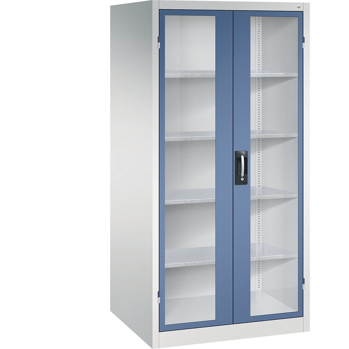 Vision panel double door cupboard, HxWxD 1950 x 930 x 800 mm, 4 shelves, light grey / distant blue.