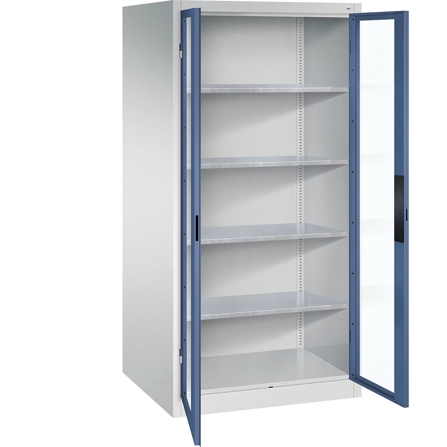 Vision panel double door cupboard, HxWxD 1950 x 930 x 800 mm, 4 shelves, light grey / distant blue.