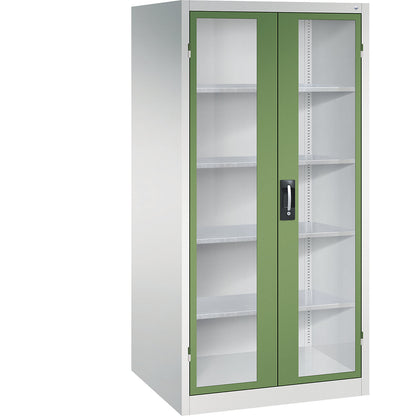 Vision panel double door cupboard, HxWxD 1950 x 930 x 800 mm, 4 shelves, light grey / reseda green.