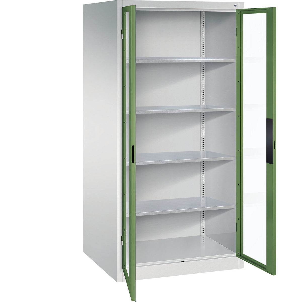 Vision panel double door cupboard, HxWxD 1950 x 930 x 800 mm, 4 shelves, light grey / reseda green.