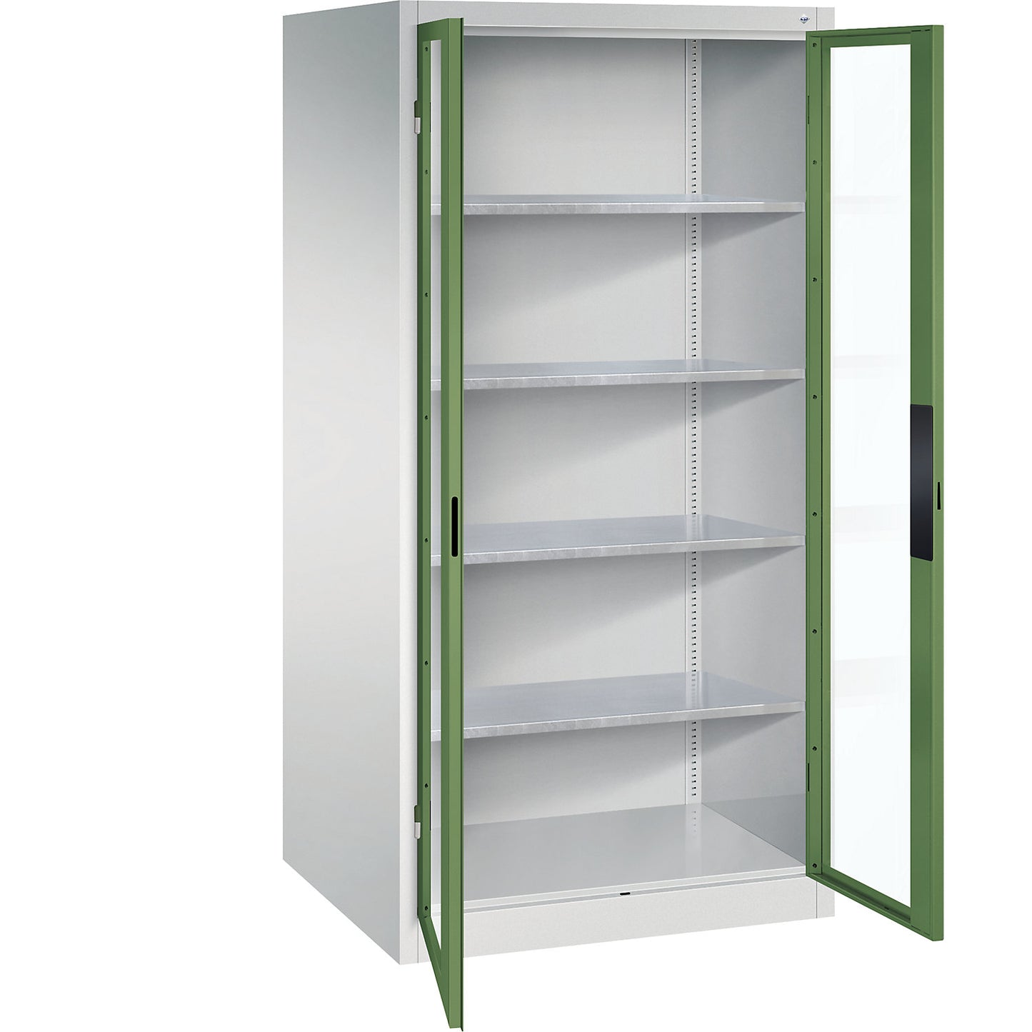 Vision panel double door cupboard, HxWxD 1950 x 930 x 800 mm, 4 shelves, light grey / reseda green.