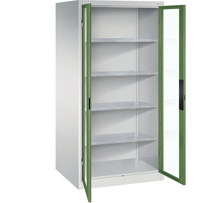 Vision panel double door cupboard, HxWxD 1950 x 930 x 800 mm, 4 shelves, light grey / reseda green.