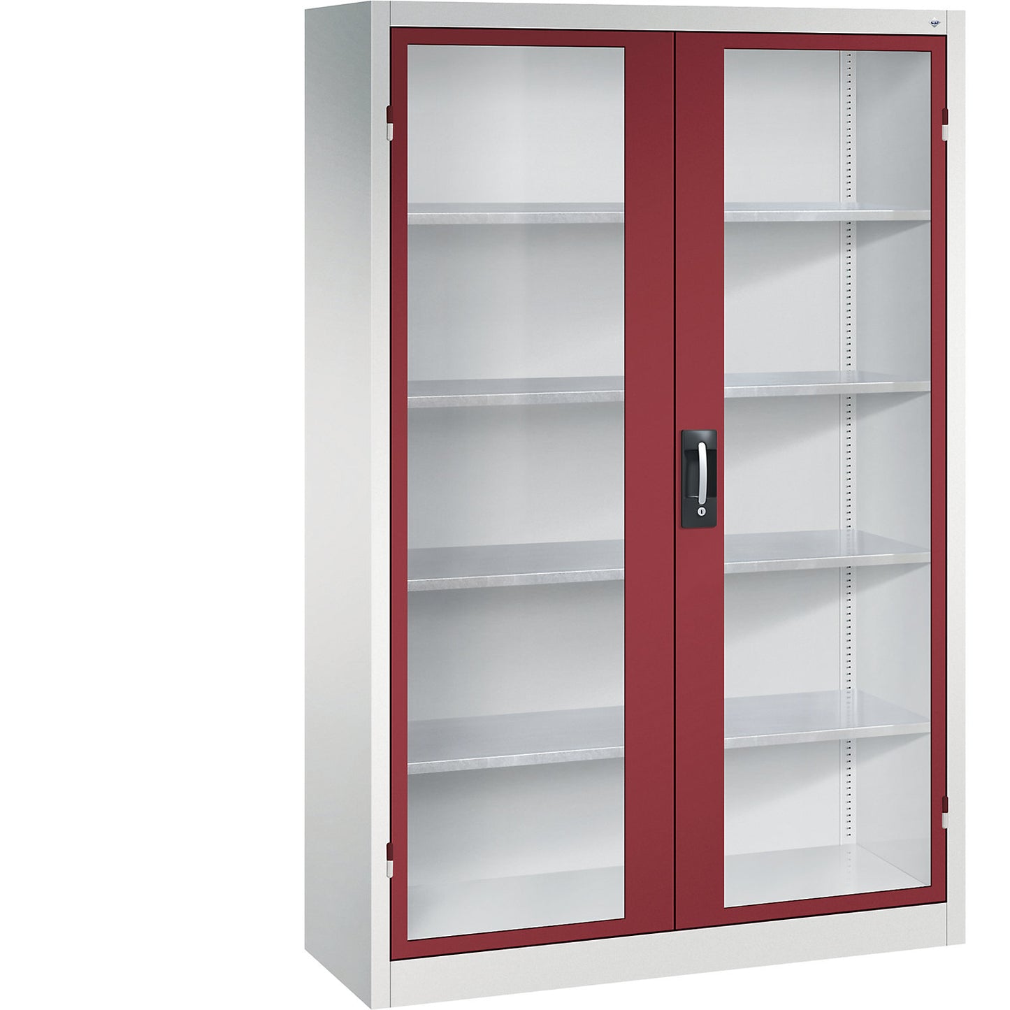 Vision panel double door cupboard, HxWxD 1950 x 1200 x 400 mm, 4 shelves, light grey / ruby red.