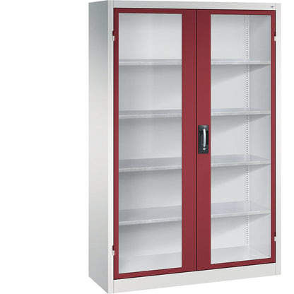 Vision panel double door cupboard, HxWxD 1950 x 1200 x 400 mm, 4 shelves, light grey / ruby red.