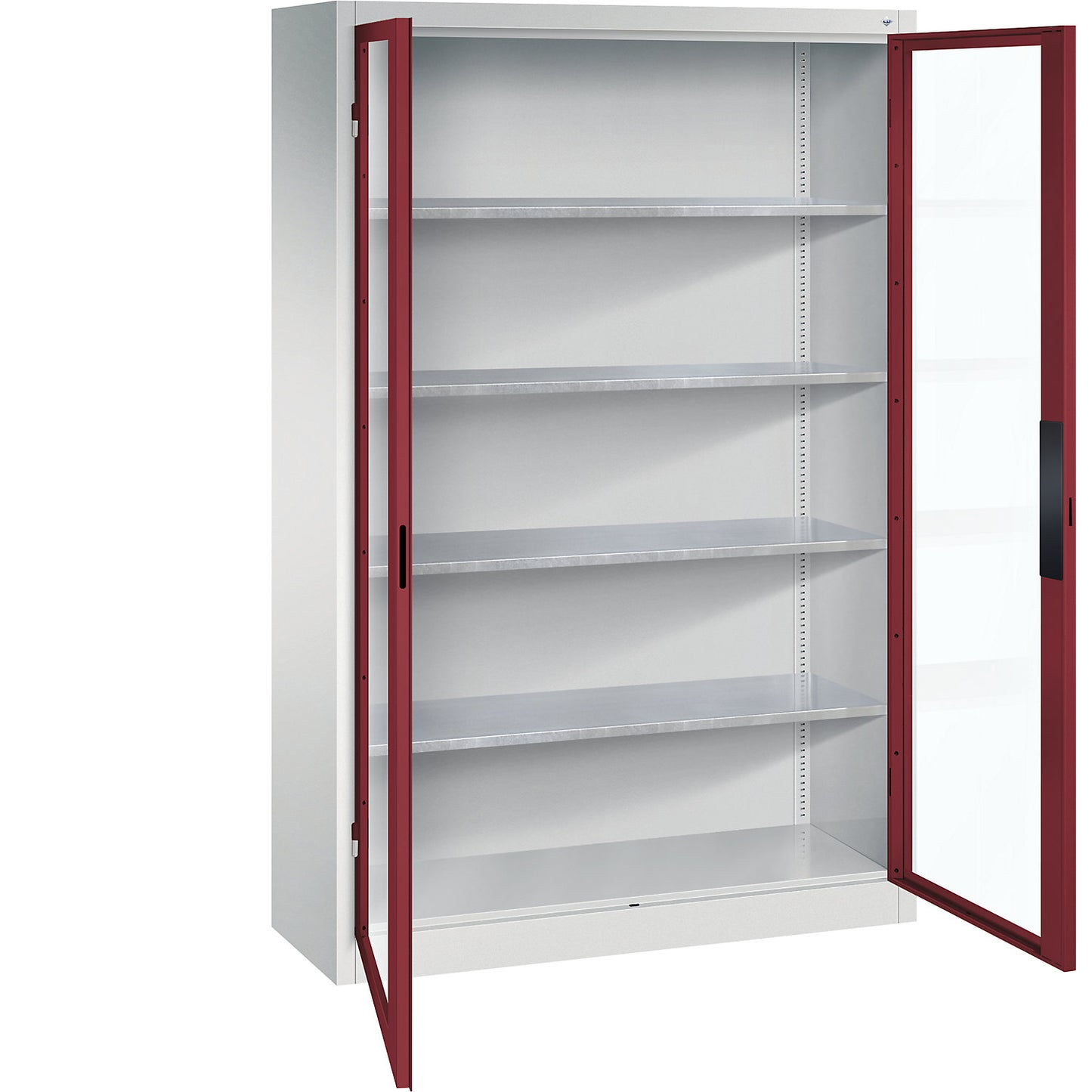 Vision panel double door cupboard, HxWxD 1950 x 1200 x 400 mm, 4 shelves, light grey / ruby red.
