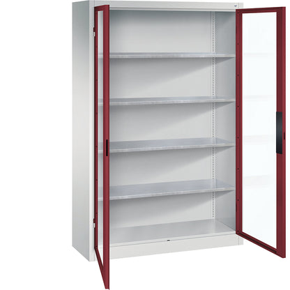 Vision panel double door cupboard, HxWxD 1950 x 1200 x 400 mm, 4 shelves, light grey / ruby red.