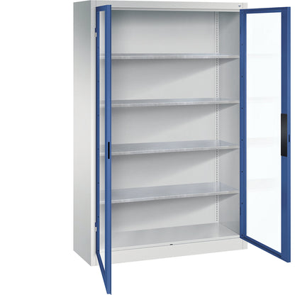 Vision panel double door cupboard, HxWxD 1950 x 1200 x 400 mm, 4 shelves, light grey / gentian blue.