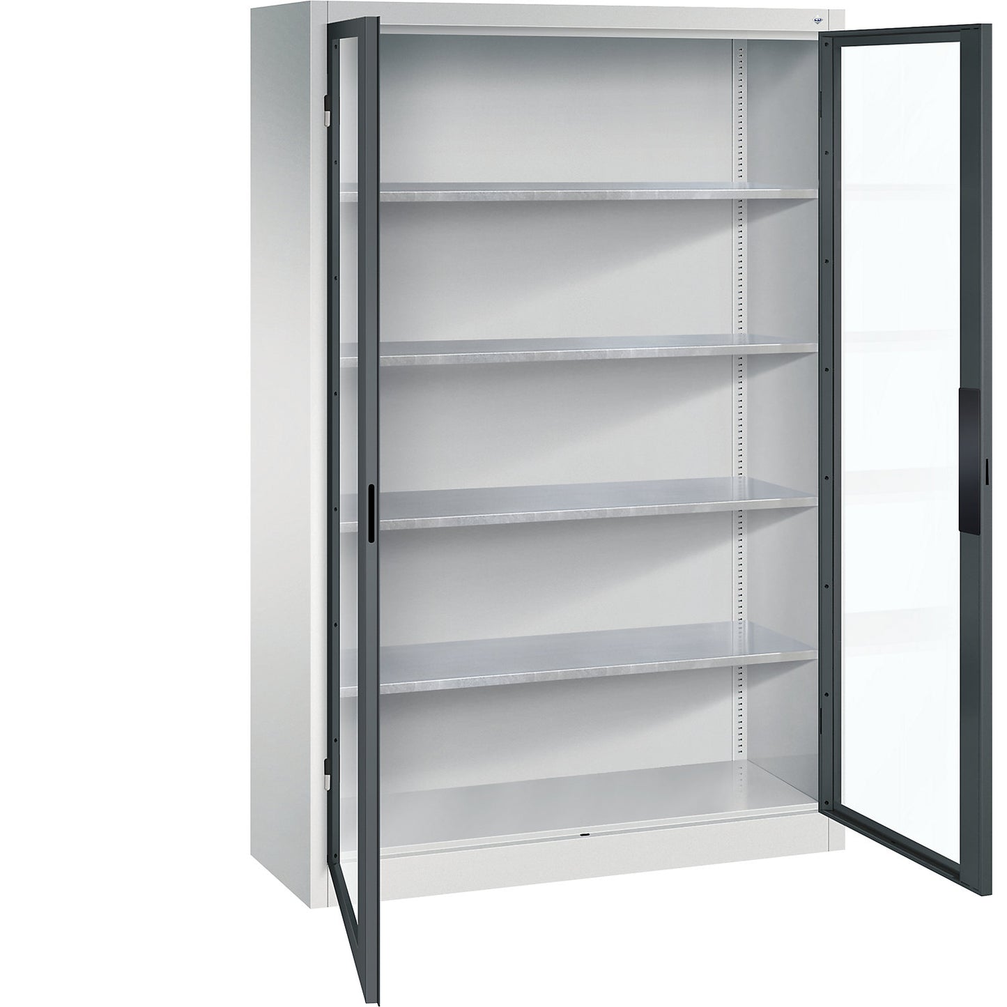 Vision panel double door cupboard, HxWxD 1950 x 1200 x 400 mm, 4 shelves, light grey / charcoal.