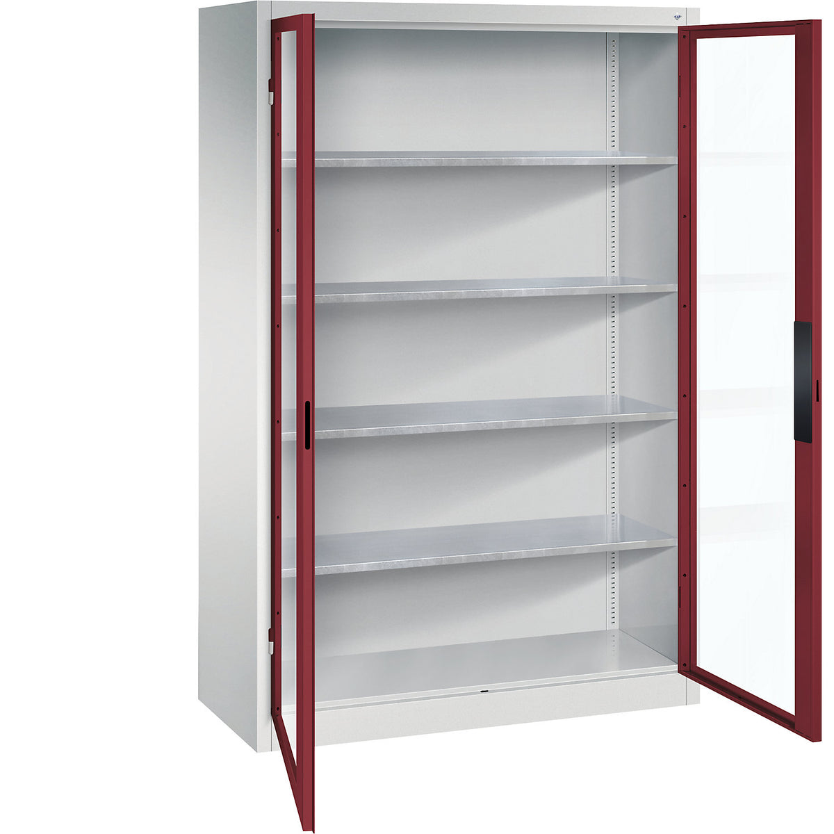 Vision panel double door cupboard, HxWxD 1950 x 1200 x 500 mm, 4 shelves, light grey / ruby red.