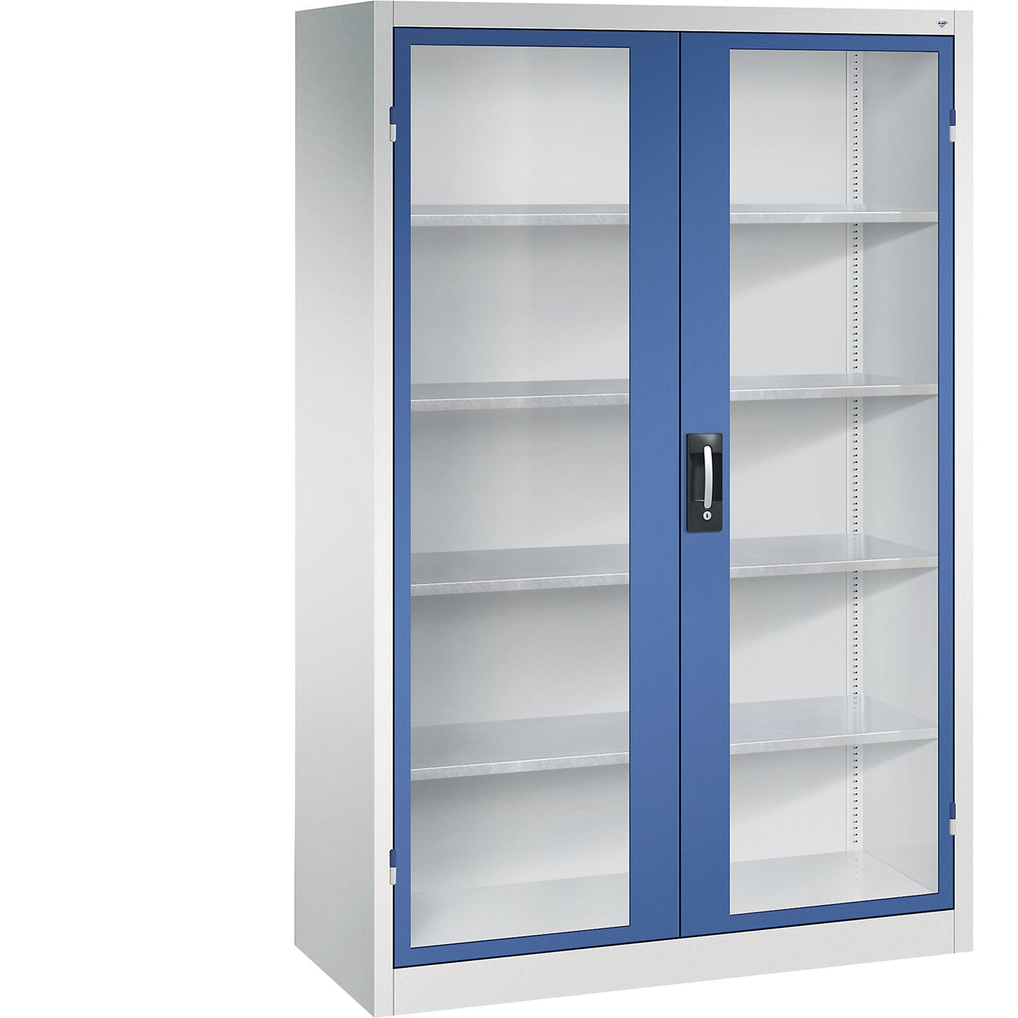 Vision panel double door cupboard, HxWxD 1950 x 1200 x 500 mm, 4 shelves, light grey / gentian blue.