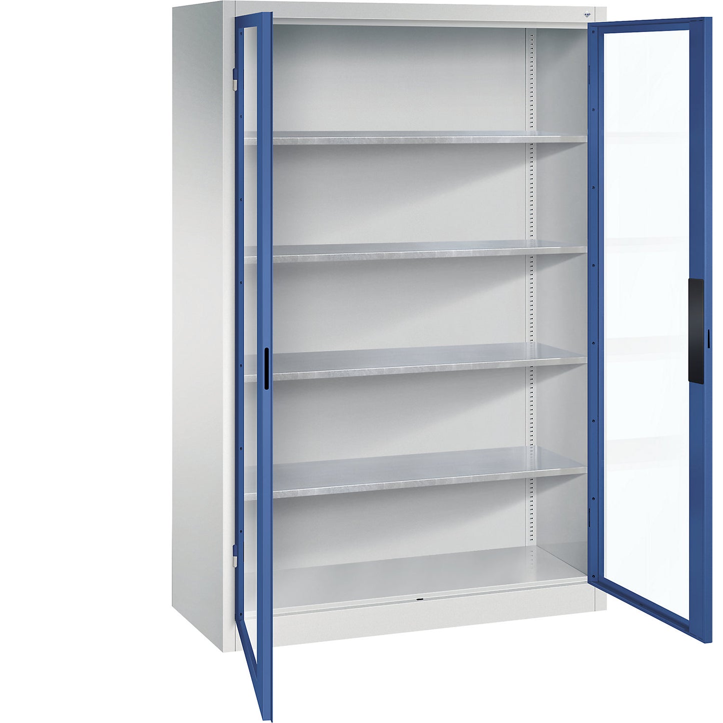 Vision panel double door cupboard, HxWxD 1950 x 1200 x 500 mm, 4 shelves, light grey / gentian blue.