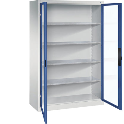 Vision panel double door cupboard, HxWxD 1950 x 1200 x 500 mm, 4 shelves, light grey / gentian blue.