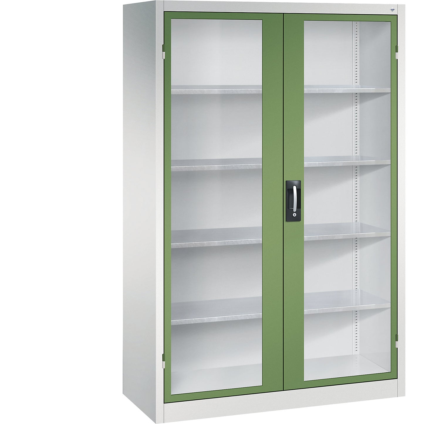 Vision panel double door cupboard, HxWxD 1950 x 1200 x 500 mm, 4 shelves, light grey / reseda green.