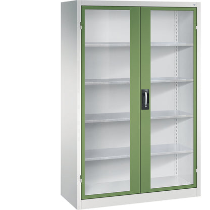 Vision panel double door cupboard, HxWxD 1950 x 1200 x 500 mm, 4 shelves, light grey / reseda green.