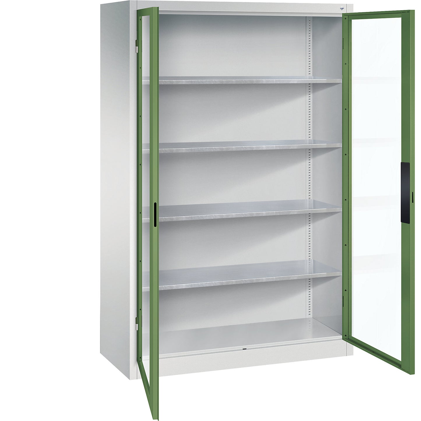 Vision panel double door cupboard, HxWxD 1950 x 1200 x 500 mm, 4 shelves, light grey / reseda green.
