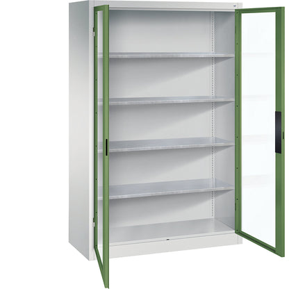 Vision panel double door cupboard, HxWxD 1950 x 1200 x 500 mm, 4 shelves, light grey / reseda green.