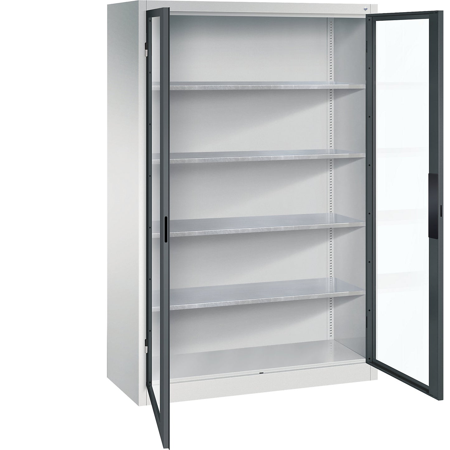 Vision panel double door cupboard, HxWxD 1950 x 1200 x 500 mm, 4 shelves, light grey / charcoal.