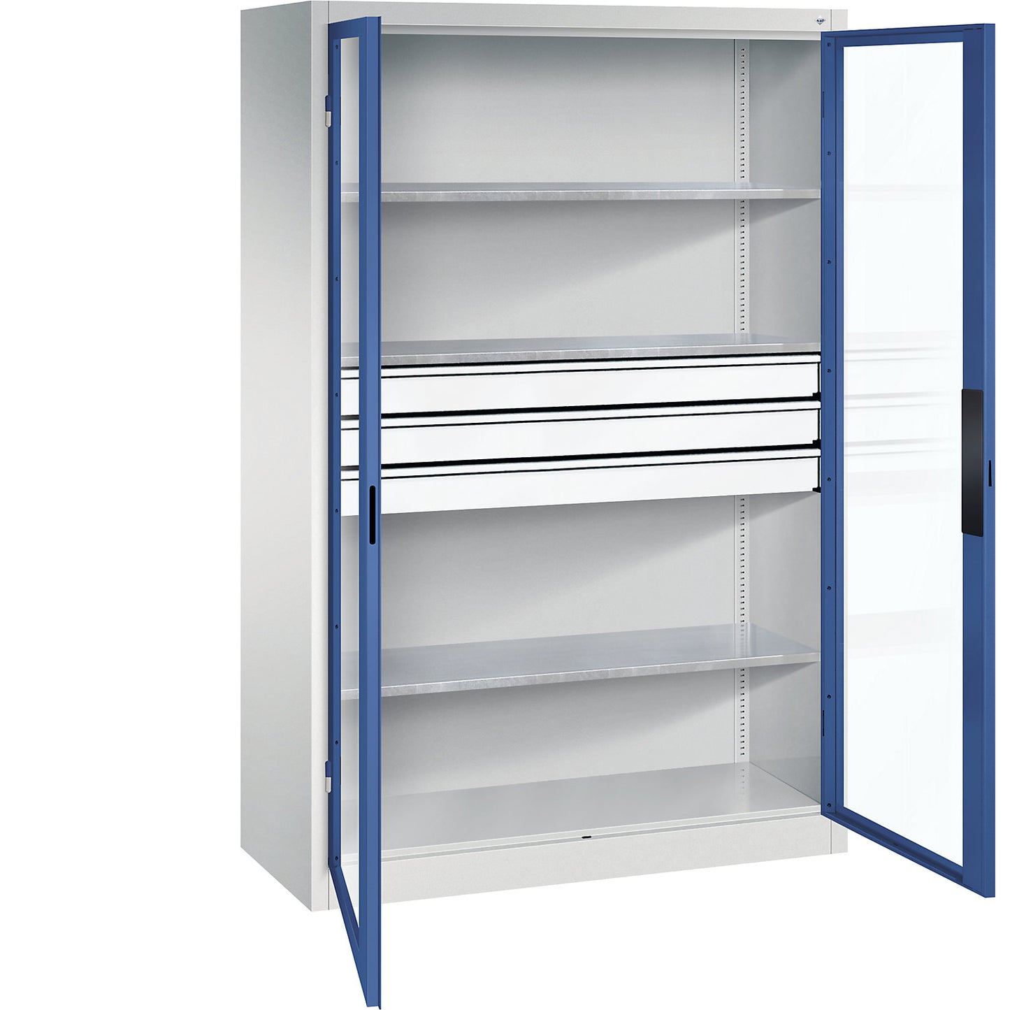 Vision panel double door cupboard, HxWxD 1950 x 1200 x 500 mm, with 3 shelves, 3 drawers, light grey / gentian blue.