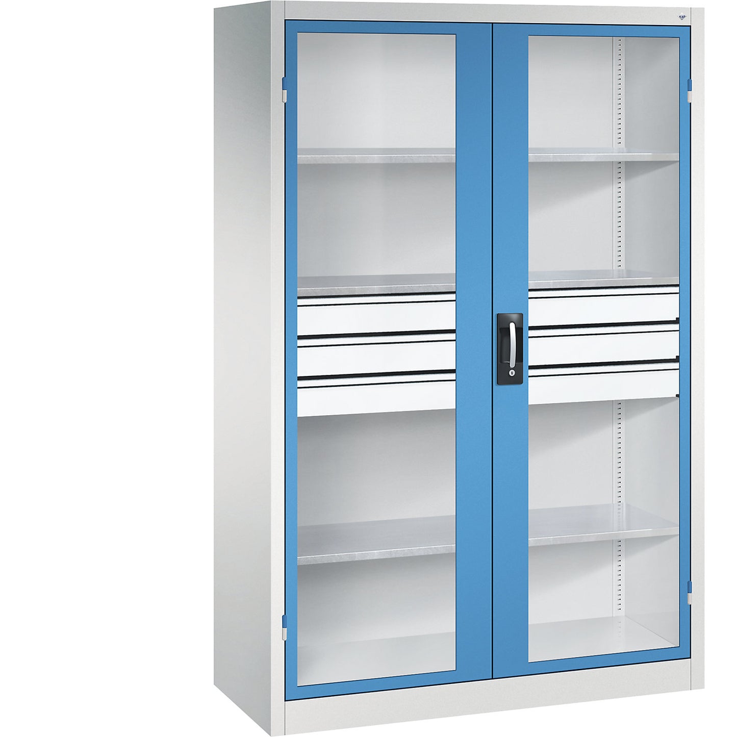 Vision panel double door cupboard, HxWxD 1950 x 1200 x 500 mm, with 3 shelves, 3 drawers, light grey / light blue.