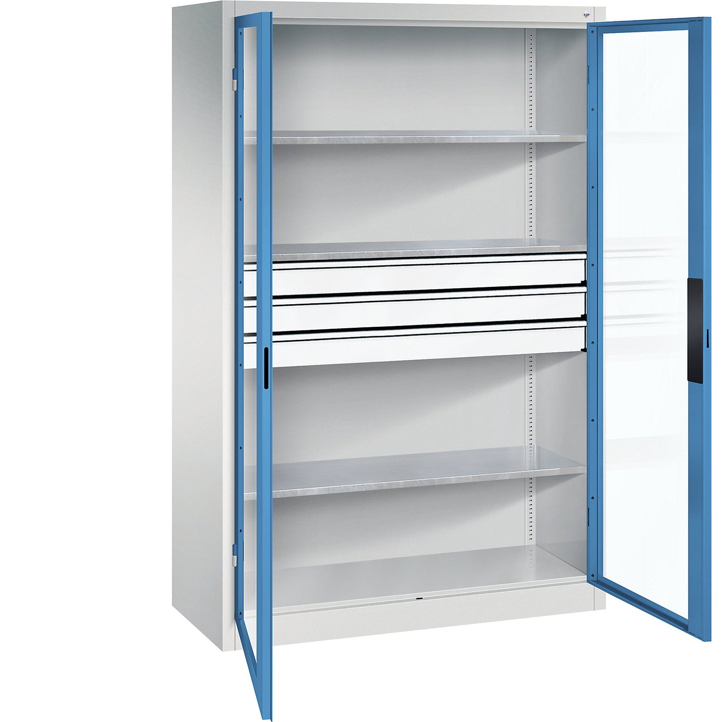 Vision panel double door cupboard, HxWxD 1950 x 1200 x 500 mm, with 3 shelves, 3 drawers, light grey / light blue.