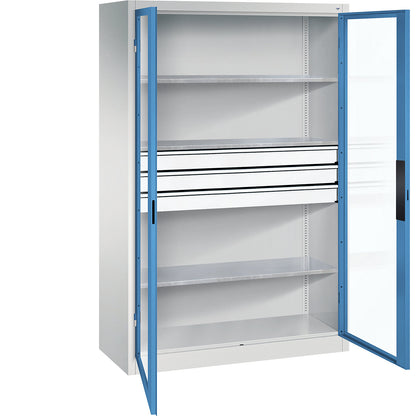 Vision panel double door cupboard, HxWxD 1950 x 1200 x 500 mm, with 3 shelves, 3 drawers, light grey / light blue.